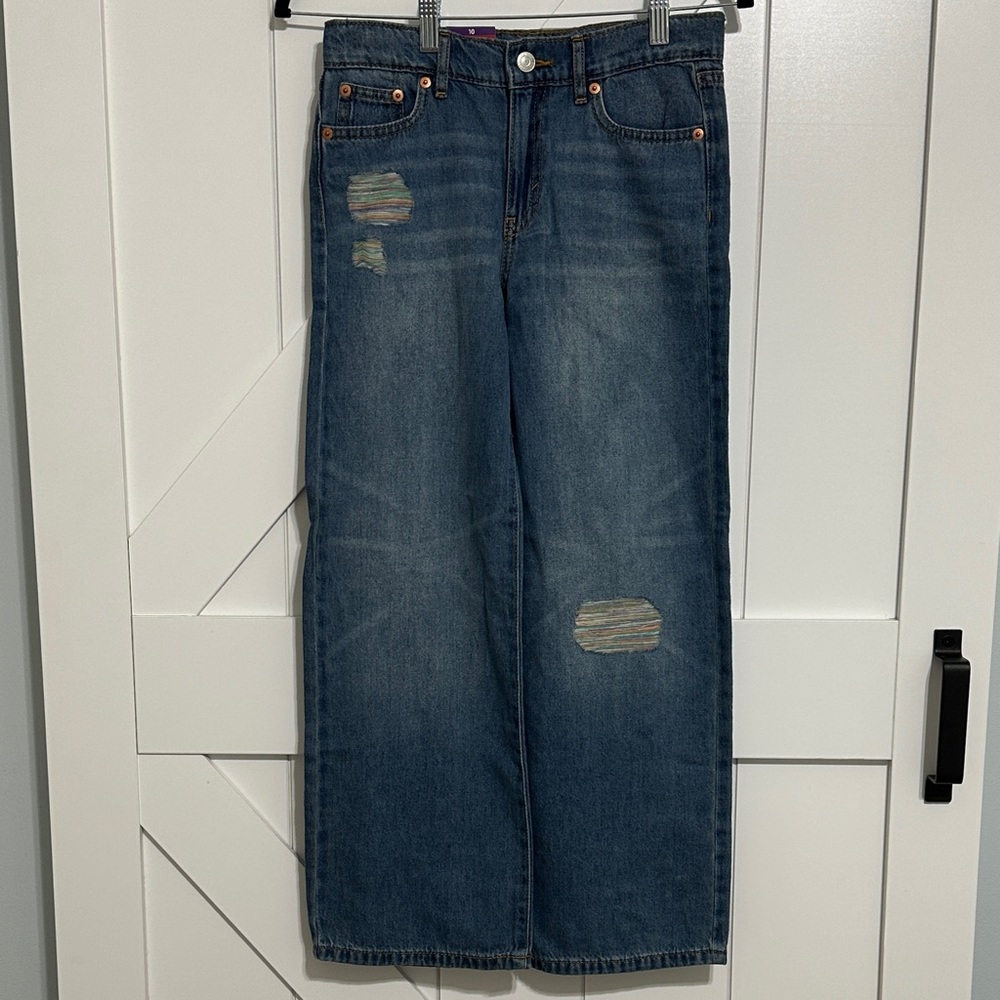Levi's Girl’s Wide Leg Blue Jeans with Distressed Details